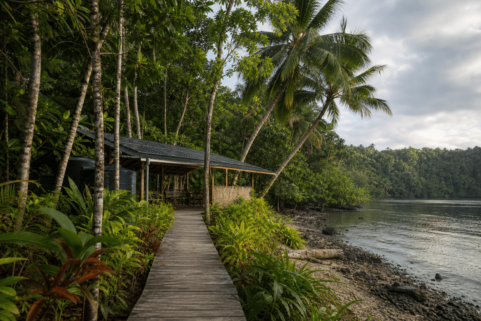 A shaded community pavilion beside a quiet tropical Mentawai shoreline