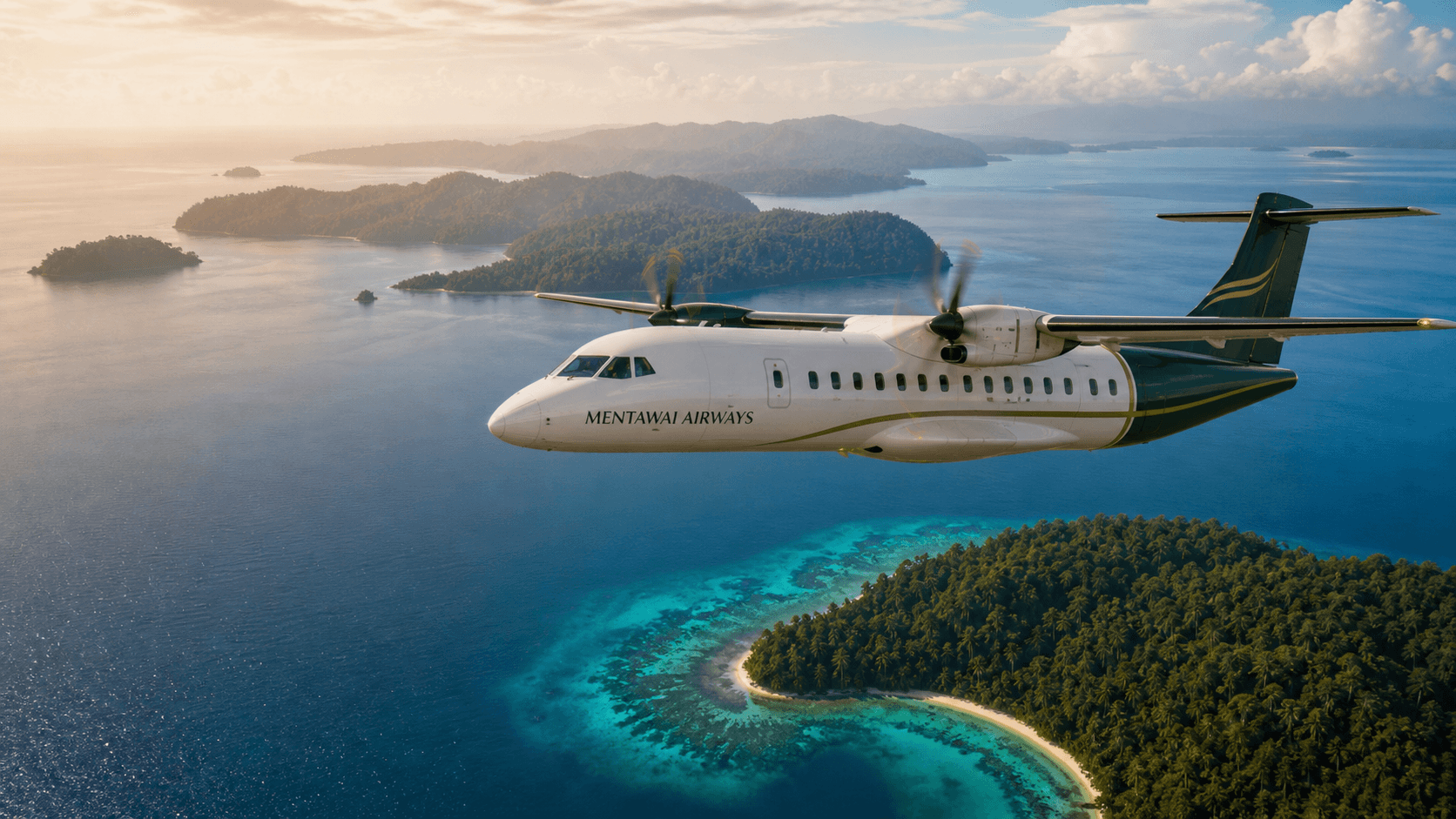 Mentawai Airways regional aircraft in original green and gold livery flying over vivid tropical islands and ocean