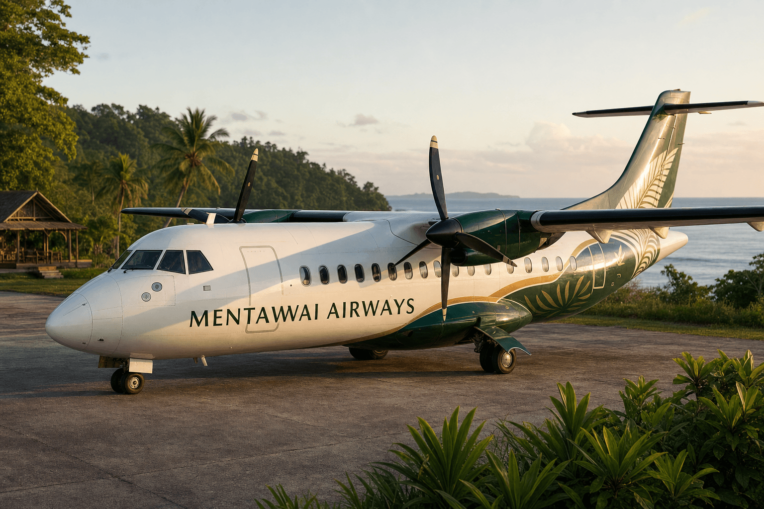 Mentawai Airways aircraft in original forest-green and gold livery beside a tropical coast