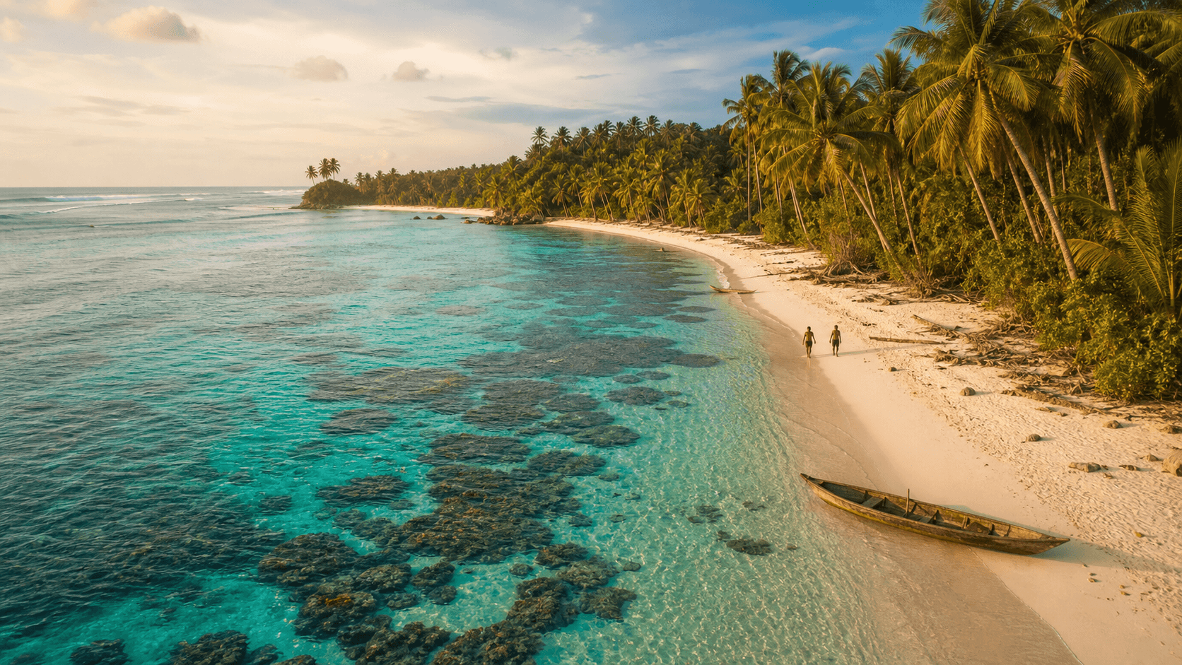 A tropical Mentawai beach with a traditional canoe